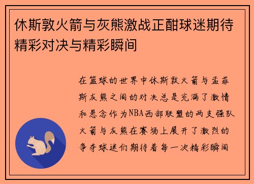 休斯敦火箭与灰熊激战正酣球迷期待精彩对决与精彩瞬间