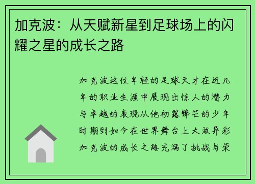 加克波：从天赋新星到足球场上的闪耀之星的成长之路